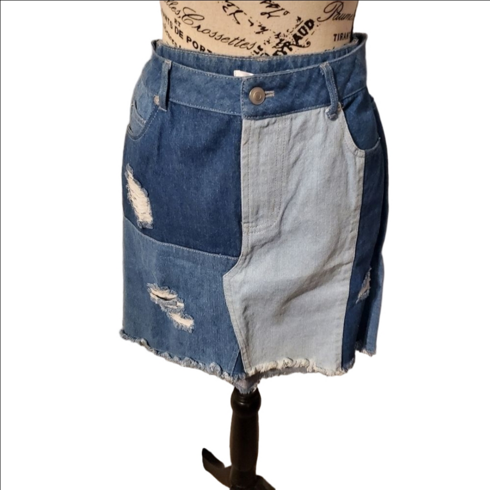 K. Jordan Blue Colorblock Distressed Jean Skirt Size 8